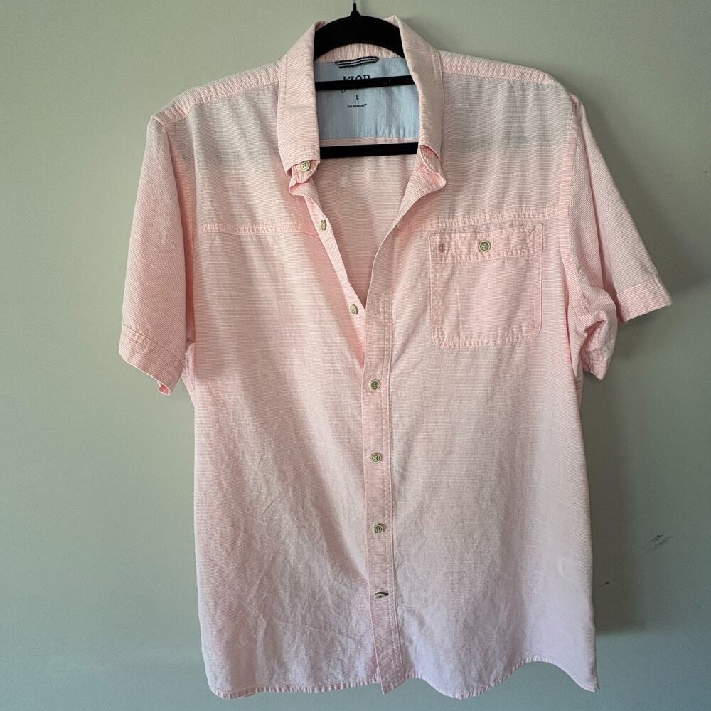 IZOD Saltwater Mens Large Pink Stripe Short Sleeve Button Up Pocket Shirt